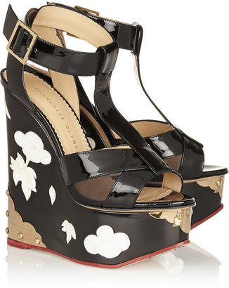 Charlotte Olympia Jasmine patent-leather and mother-of-pearl wedge sandals