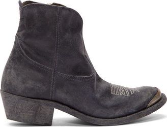 Golden Goose Dark Blue Distressed Leather Young Boots