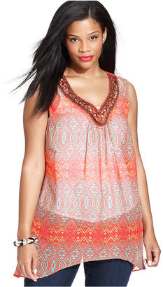 Amy Byer Plus Size Sleeveless Embellished Printed Top
