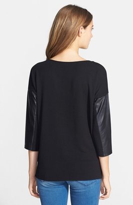 Kensie Faux Leather Sleeve French Terry Top