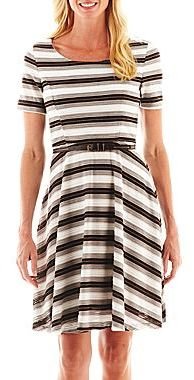 Studio 1 Short-Sleeve Striped Fit-and-Flare Dress