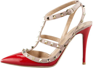Valentino Rockstud Two-Tone Patent Sandal, Red