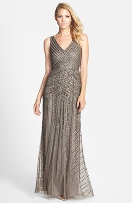 Adrianna Papell Beaded Mesh V-Neck A-Line Gown