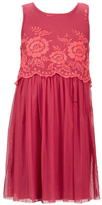 Ruby Rox 7-16 Tonal-Floral Popover-Lace-Bodice Sheer-Skirted Dress