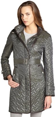 Cole Haan fatigue green quilted faux leather trim belted coat