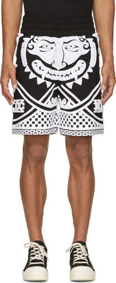 Kokon To Zai Black & White Embroidered Terrycloth Greek Motif Shorts
