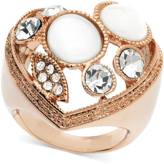 GUESS Rose Gold-Tone Crystal and Stone Heart Adjustable Ring