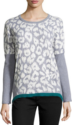 Neiman Marcus Leopard Jacquard Pullover Sweater, Gray/Ivory/Emerald