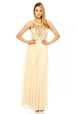 Quiz Stone And Champagne Mesh Top Embellished Maxi Dress