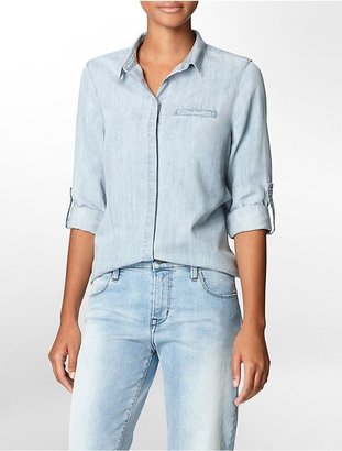 Calvin Klein Womens Chambray Button Front Roll-Up Sleeve Top Shirt
