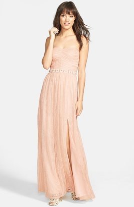 Adrianna Papell Embellished Waist Strapless Lace Gown