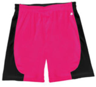 Badger B-Core Turn 2 Ladies Color Block 6 Athletic Shorts Hot Pink- Black Xl