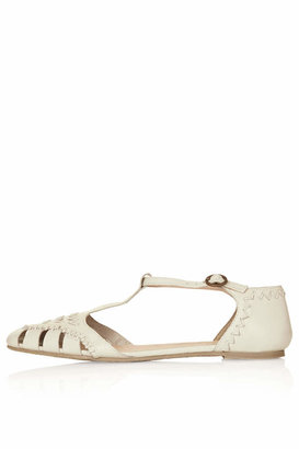 Topshop White leather woven t bar shoe with buckle fastening. 100% leather. do not wash.