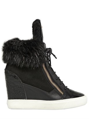 Giuseppe Zanotti 90mm Suede Shearling Wedged Sneakers