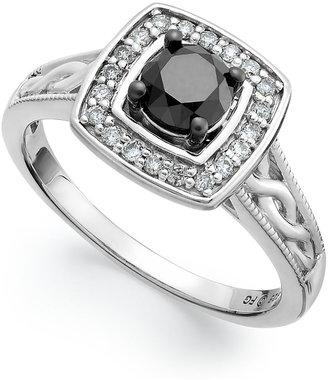 Macy's Sterling Silver Ring, Black and White Diamond Square Engagement Ring (3/4 ct. t.w.)