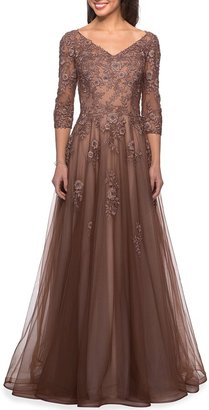 La Femme Floral Lace & Tulle A-Line Gown