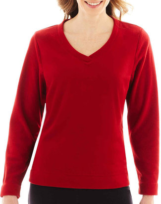 JCPenney Made For LifeTM Long-Sleeve Brushed Fleece V-Neck Pullover - Petite