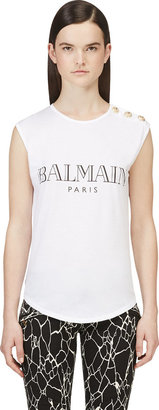 Balmain White Printed Logo Tank Top
