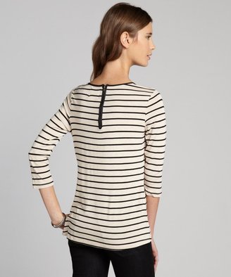 Romeo & Juliet Couture Beige And Black Stripe Jersey And Faux Leather Pocket Top