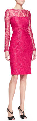 Carolina Herrera Long-Sleeve Bow-Waist Lace Sheath Dress