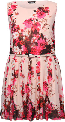 Yours Clothing Pink Floral Print Chiffon Skater Dress With Patent Belt