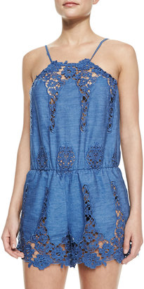Miguelina Cicley Floral Crochet Romper Coverup
