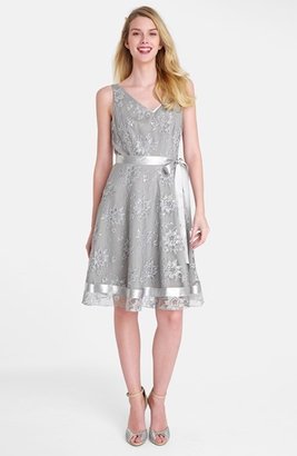 Tahari Metallic Lace Fit & Flare Dress