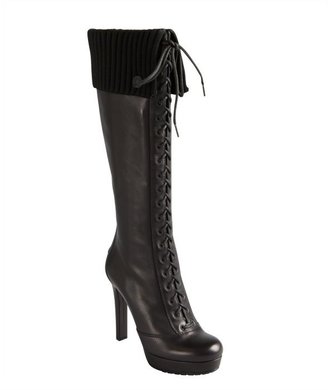 Gucci black leather lace up ribbed cuff platform knee high boots