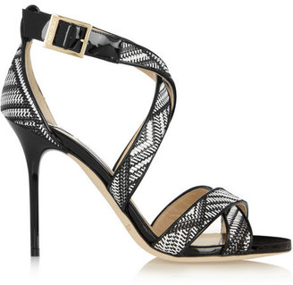 Jimmy Choo Lottie patent-leather and woven faux-raffia sandals