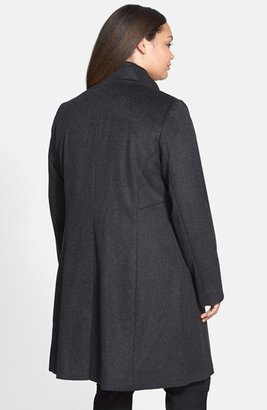 DKNY Ruffle Front Long Wool Blend Coat (Plus Size)