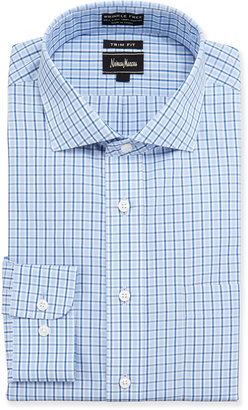Neiman Marcus Trim-Fit Non-Iron Plaid Dress Shirt, Blue
