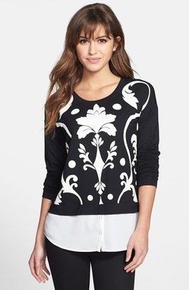 Kensie Placed Print Sweater with Shirttail Hem