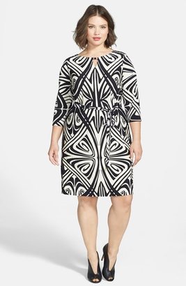 Tahari Mirror Print Belted Matte Jersey Dress (Plus Size)