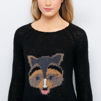 Soft Grey Long-Sleeved Scoop Neck Raccoon Motif Sweater, 10% Mohair