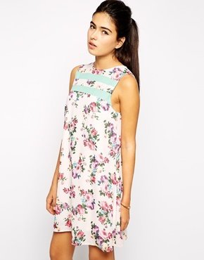 Love Contrast Panel Shift Dress In Floral Print - White