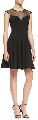 Halston Cap-Sleeve Ponte Illusion Godet Dress, Black