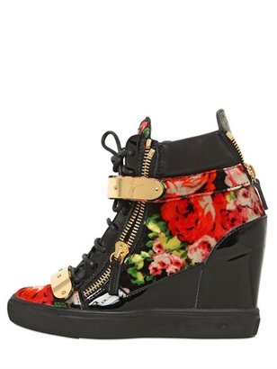 Giuseppe Zanotti 90mm Floral Print Velvet Wedged Sneakers