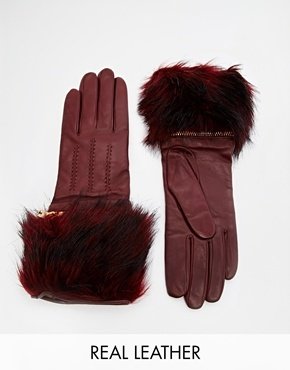 Ted Baker Faux Fur Zip Detail Leather Gloves - Mid red