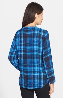 Chaus Check Print Roll Sleeve Front Zip Top