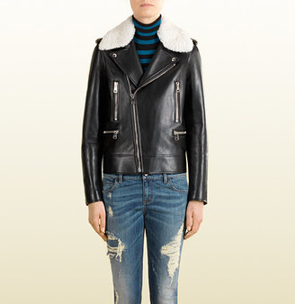 Gucci Black Shiny Leather Biker Jacket