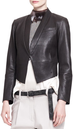 Brunello Cucinelli Pebbled Leather Cropped Tux Jacket with Pockets