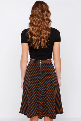 Ya Jump in the Line Black and Brown Striped Midi Skirt