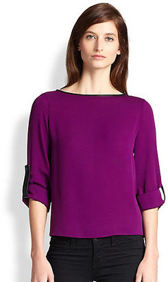 Alice + Olivia Leather-Trimmed Roll Sleeve Top