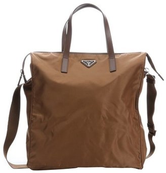 Prada brown leather trimmed nylon convertible tote