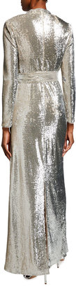Badgley Mischka Sequin Long-Sleeve Belted Surplice Gown