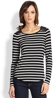 Design History Faux Leather-Paneled Striped Stretch Jersey Top