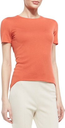 St. John Fine Gauge Silk/Cashmere Blend Jewel Neck Short Sleeve Shirt with Shirttail