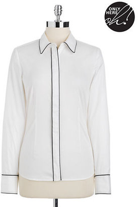 Lord & Taylor White Piped Button-Up Shirt