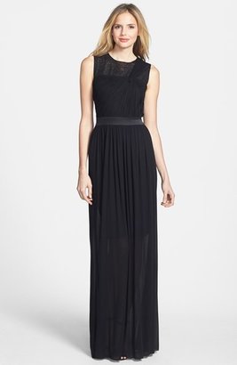 Vera Wang Embellished Yoke Ruched Jersey Gown