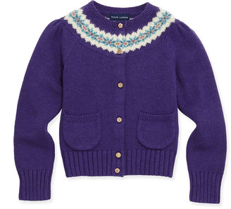 Ralph Lauren Childrenswear Fair Isle Yoke Cardigan, Purple, 2T-3T